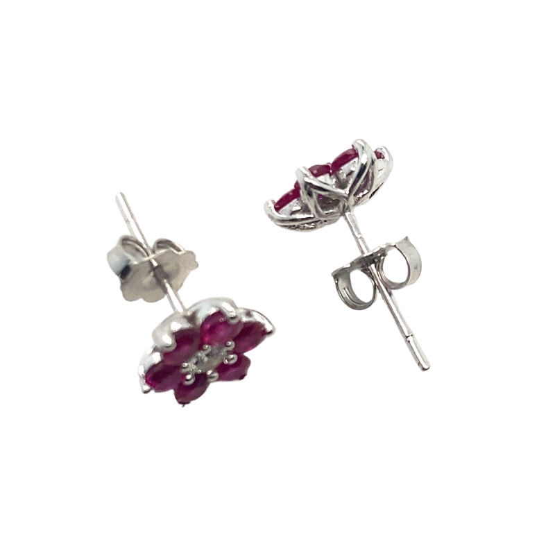Ruby and Diamond Flower Earrings, 14kt White - Image 2
