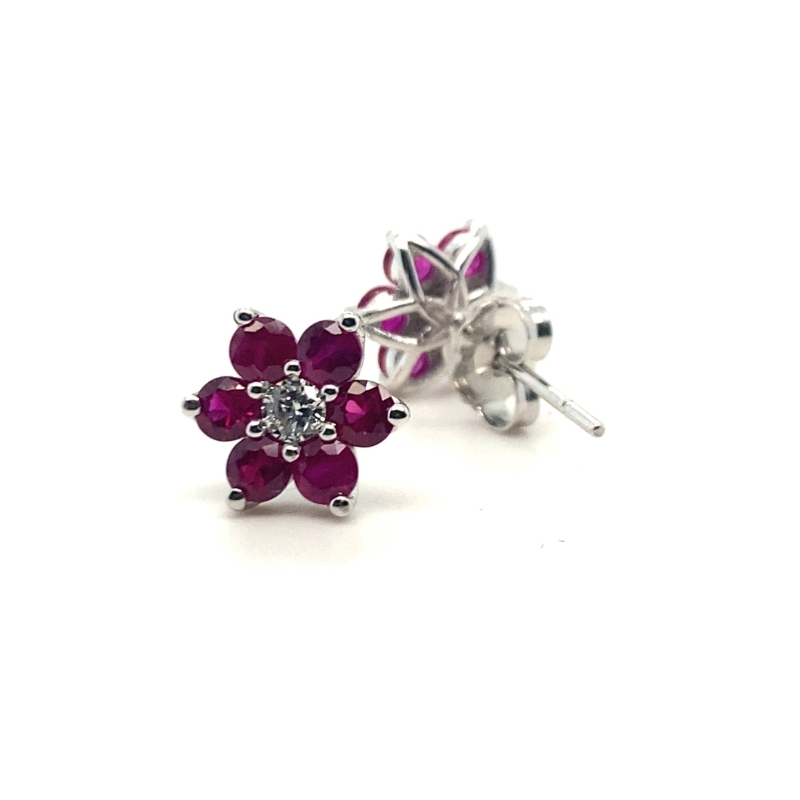 Ruby and Diamond Flower Earrings, 14kt White