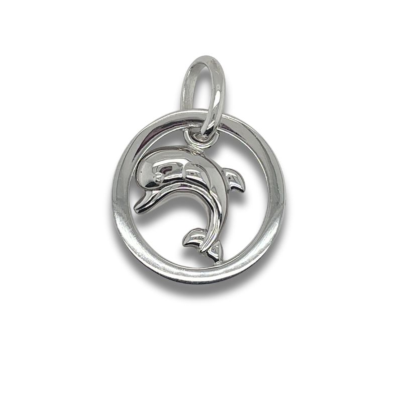 Round Frame Dolphin Pendant, 14kt White