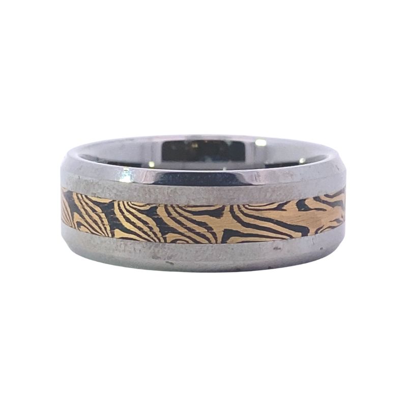 8mm Abstract Tungsten Gents Wedding Band with 14kt Yellow Gold