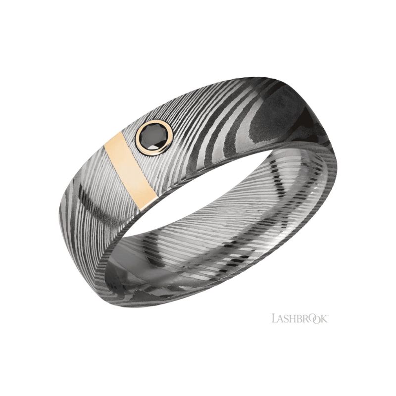 Lashbrook, 7mm Damascus Steel Band with Black Diamond and Gold Sleeve