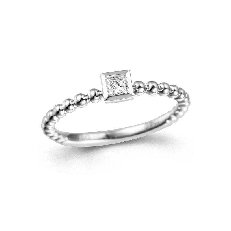 Bezel Set Princess Cut Diamond with Beaded Band, 14kt white gold