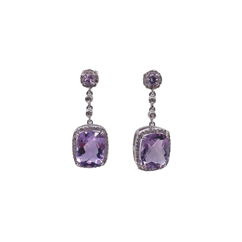 5.0ctw Cushion Amethyst and Diamond Drop Earrings, 14kt