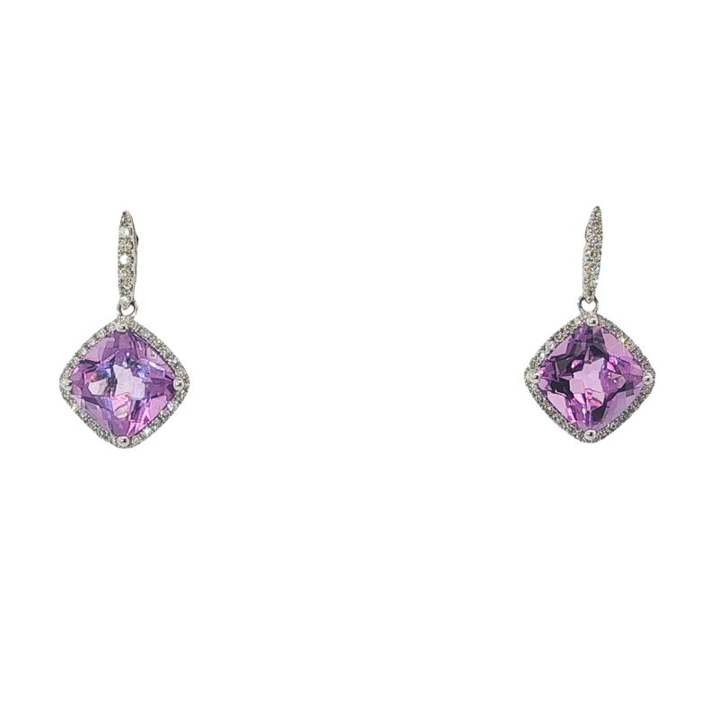4.00ctc Cushion Amethyst and Diamond Drop Earrings, 14kt White