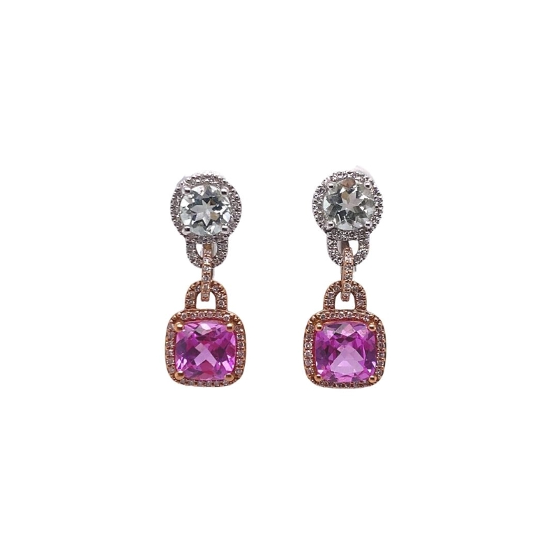 Diamond, Green Amethyst and Cushion Pink Topaz Drop Earrings