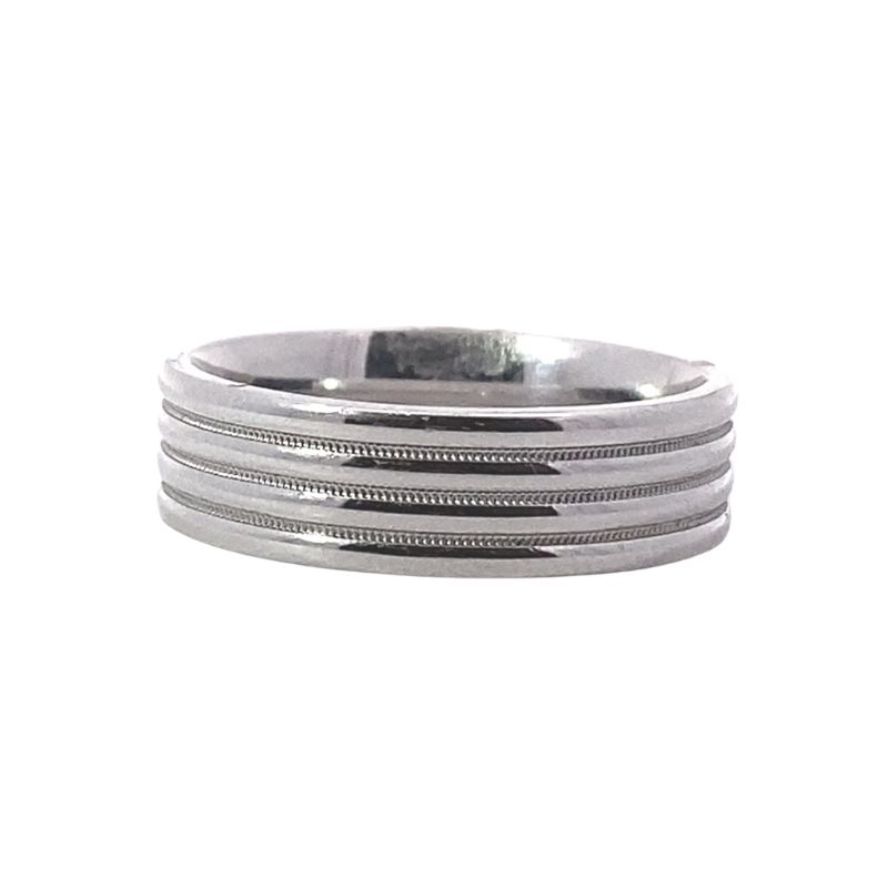 Gents High Polished Wedding Band with 3 Milligrain Lines, 14kt White Gold