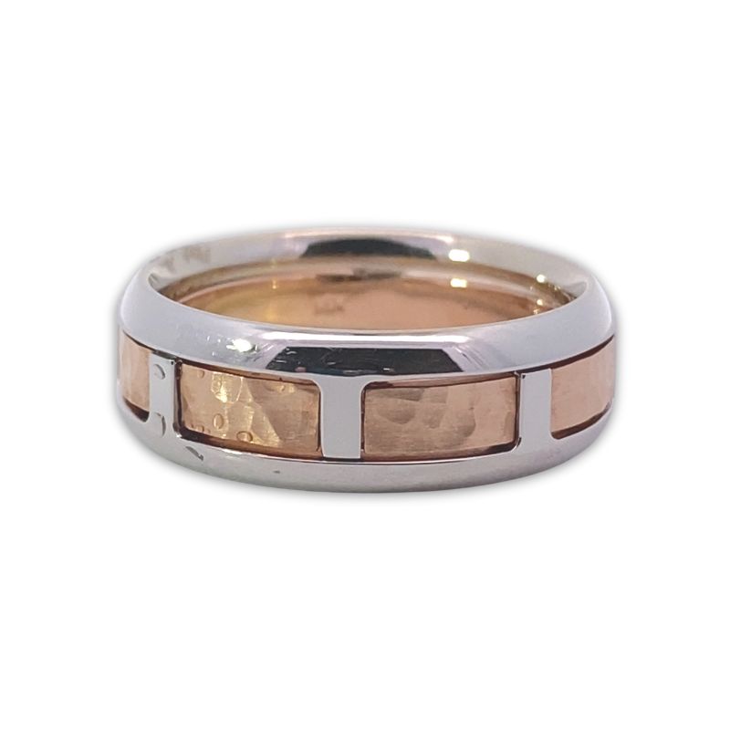 7.5mm Hammered Station Gents Wedding Band. 14kt Two-Tone