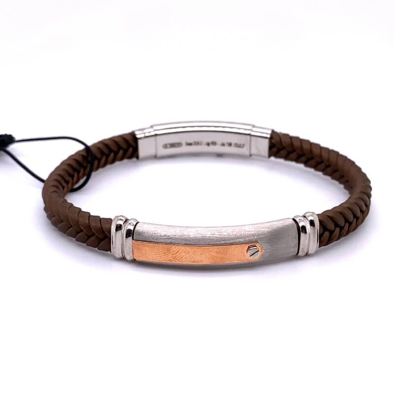 Zancan Brown Braded Leather Bracelet With Rose Gold  REF#EXB936R-BR