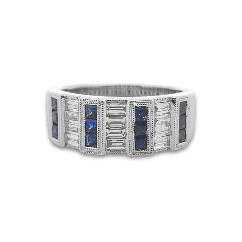Alternating AAA Sapphire and Baguette Diamond Wide band, 18kt