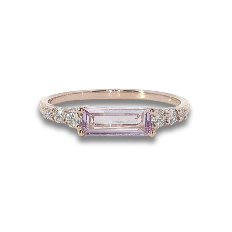 0.50ct Pink Amethyst Baguette 0.25ctw Diamond Bar Ring, 14kt
