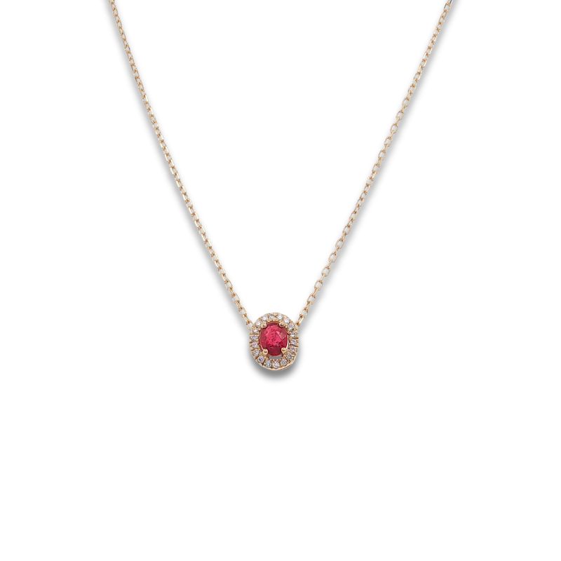 Oval 0.22ctw Ruby Diamond Halo Pendant on Cable Chain, 14kt Yellow