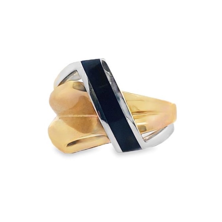 Free Form Wider Onyx 2 Tone Gold Ring