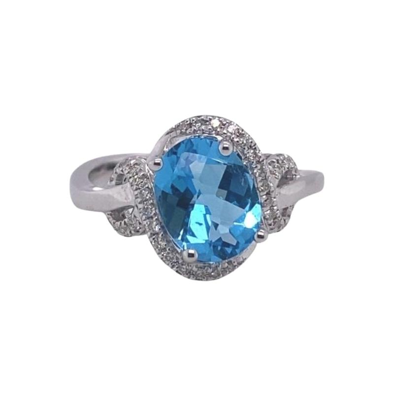 Tilted Swiss Blue Topaz and Looped Diamond Halo Cocktail Ring