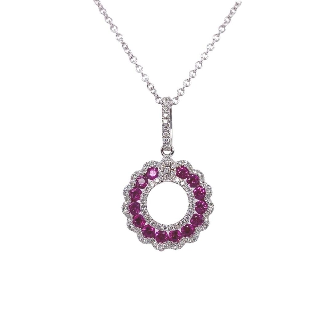 1.00ct Ruby Circle Scalloped Pendant with Diamonds, 18kt white gold