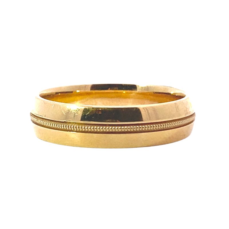 Gents High Polish with Miligrain Center Wedding Band, 14kt Yellow Gold