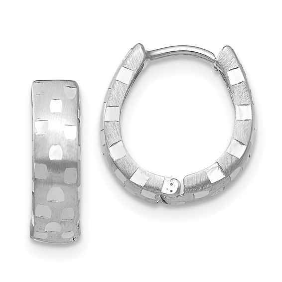 Diamond Cut 14mm Patterned Hinged Huggies,14kt White Gold