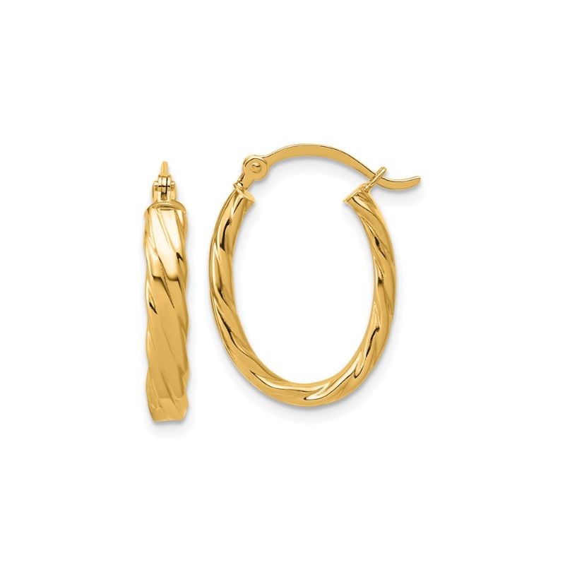 Flat Patterned Oval Hoops, 14kt Yellow Gold