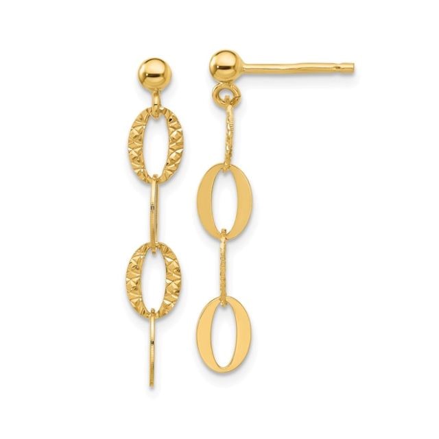 Polished and Diamond Cut Oval Disc Drop Earrings, 14kt Yellow