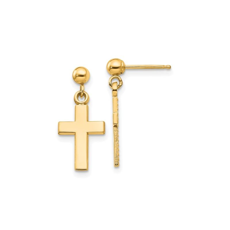 Small Dangle Cross Earrings, 14kt Yellow