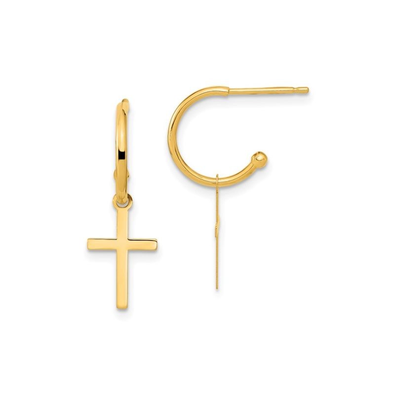Small Half Hoop Earrings with Dangle Cross, 14kt Yellow