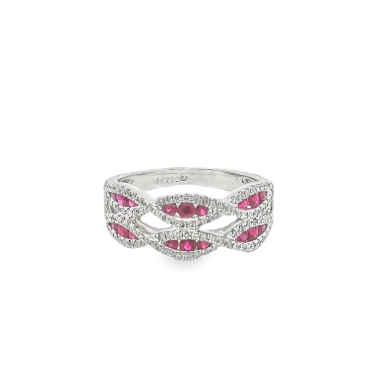 2-Row Woven Ring with Rubies and Diamonds, 18kt White