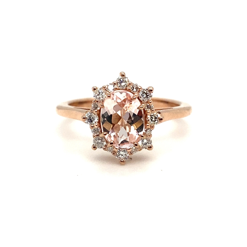 0.94ctw Oval Morganite and Diamond Snowflake Halo Ring, 14kt Rose Gold