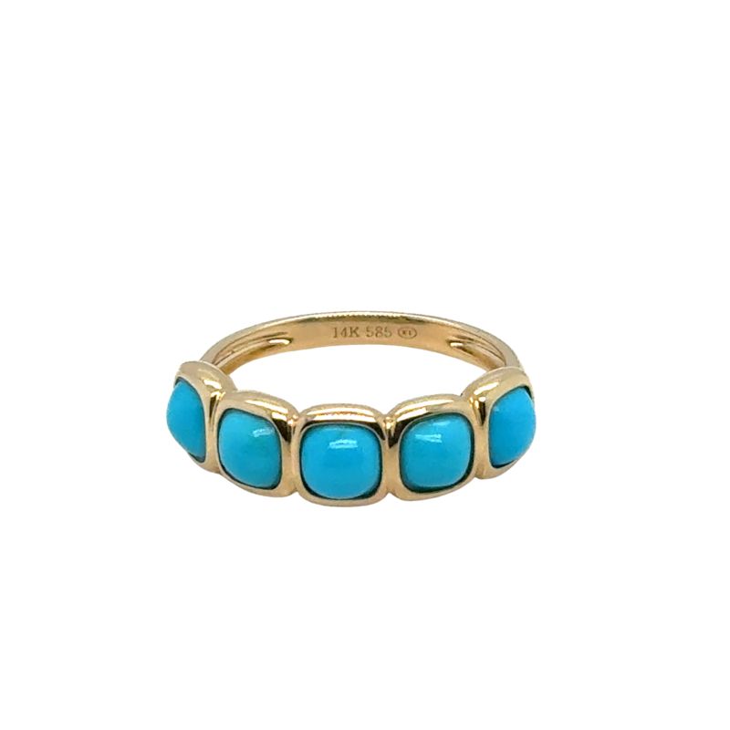 5 Cushion Cabachon Turquoise Ring in 14kt Yellow