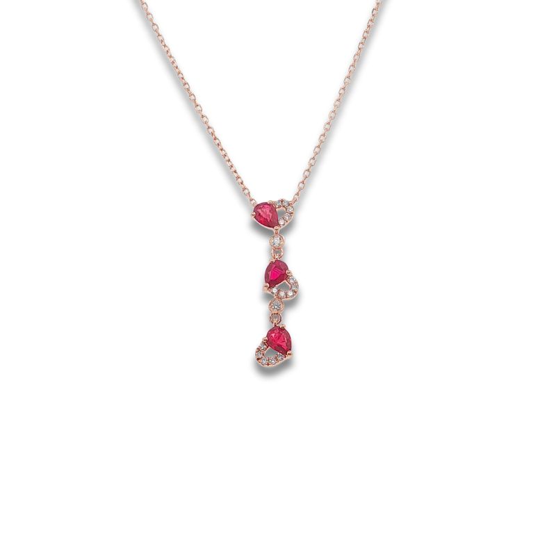 3 Pear Ruby Drop with Diamonds on Cable Chain, 14kt Rose