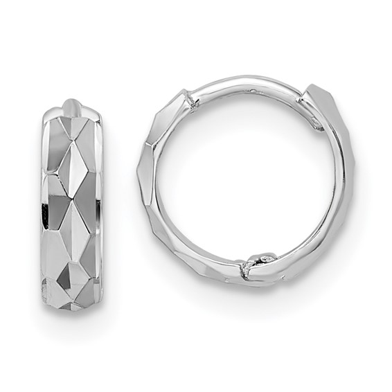 Tiny Diamond Cut Hinged Hoop Huggies. 14kt White