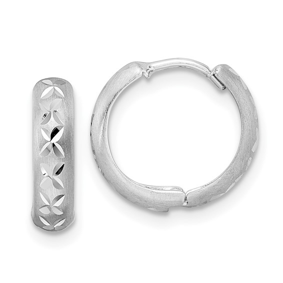 Diamond Cut Floral Design Huggies, 14kt White Gold
