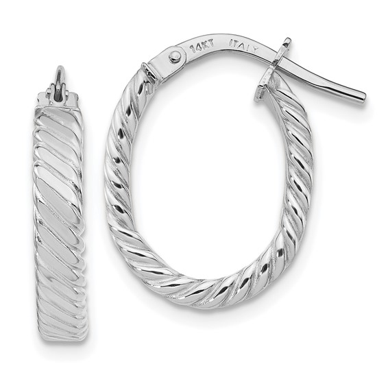 Patterned Oval Hoop Earrings 3mm, 14kt White Gold