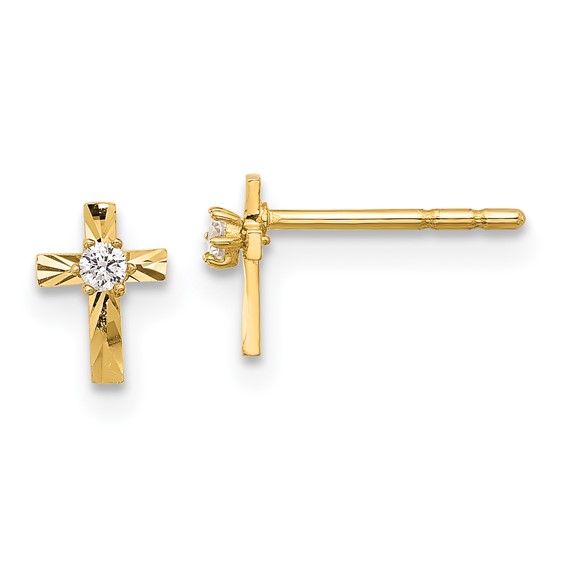 Gold Cross Earrings with CZ, 14kt Yellow