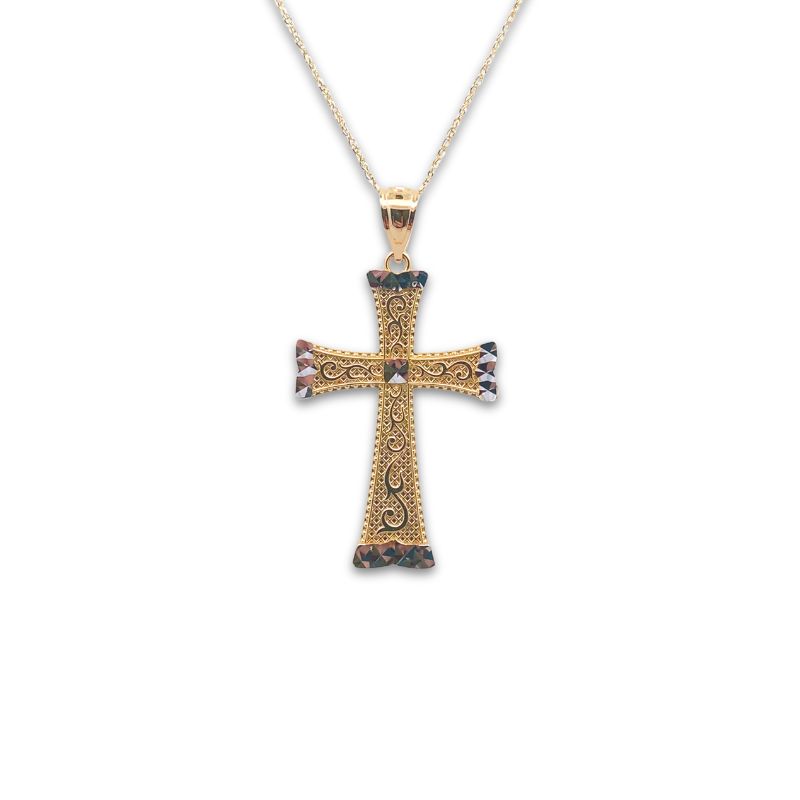 Two Toned Cross with Swirl Design, 14kt Yellow Gold