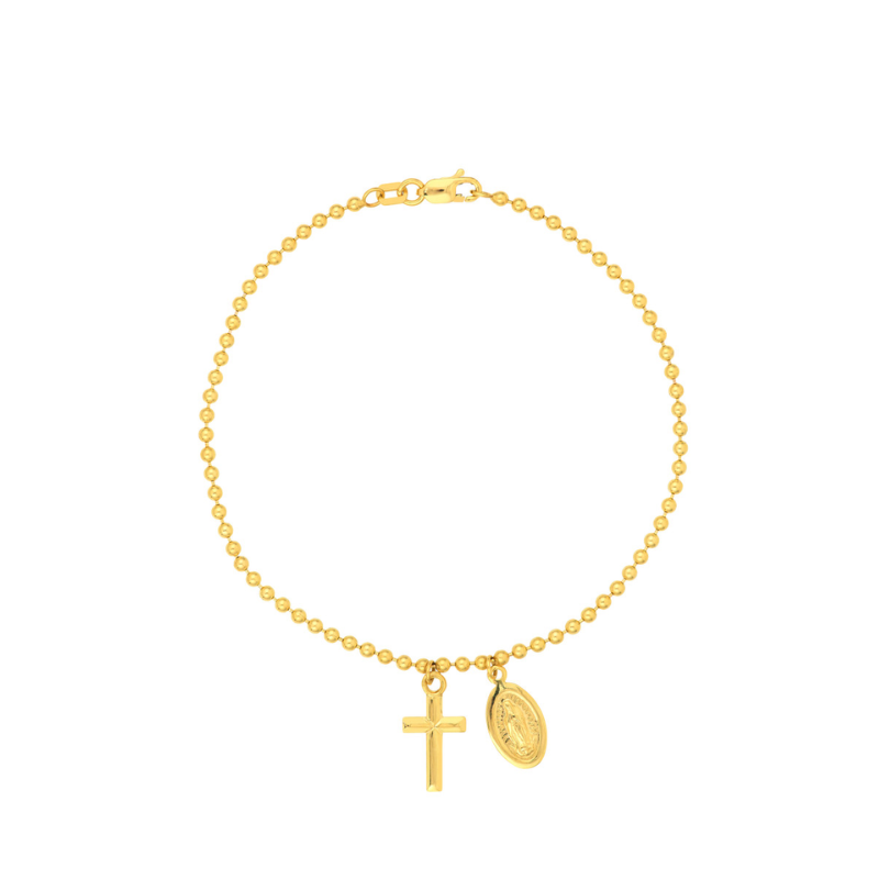 Virgin Mary and Cross Bead Bracelet 14KT Yellow