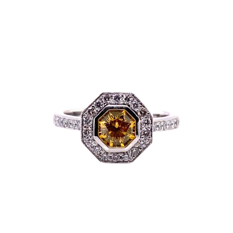 Octagonal Yellow Diamond and Halo Platinum Engagement Ring