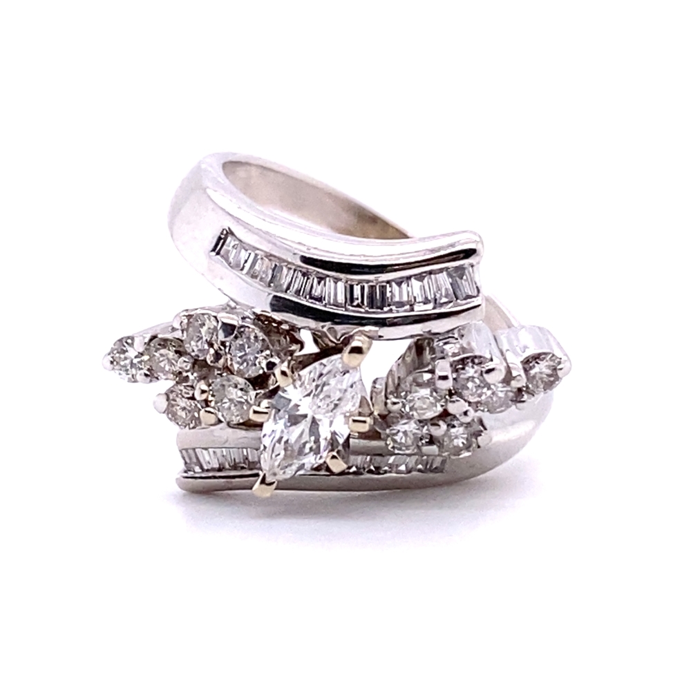 Ladies 14kt  White Gold By-pass Engagement ring with Marquise cut Center Diamond