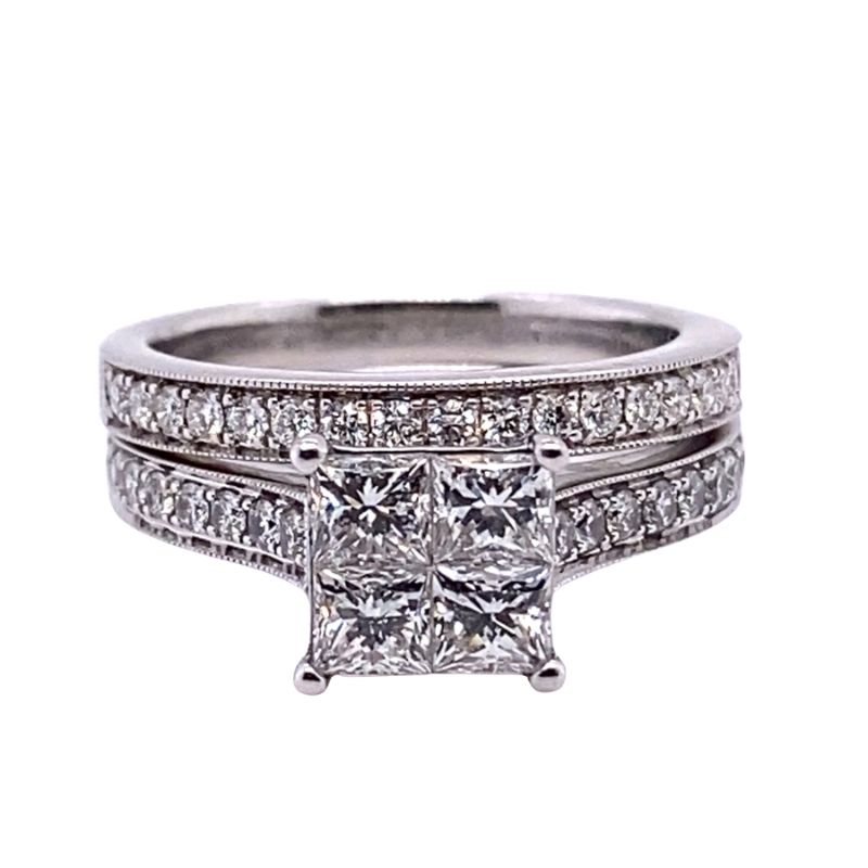 ONE LADIES DIAMOND ENGAGEMENT SET WITH 4 PRINCESS CUT DIAMOND INVISIBLE CENTER IN 14KT WHITE GOLD