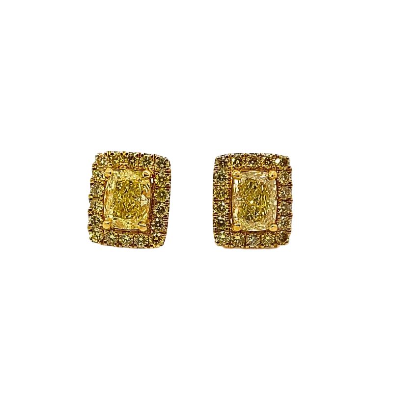 4.00ctw Natural Fancy Yellow Cushion Halo Earrings, 3.00ctw Centers