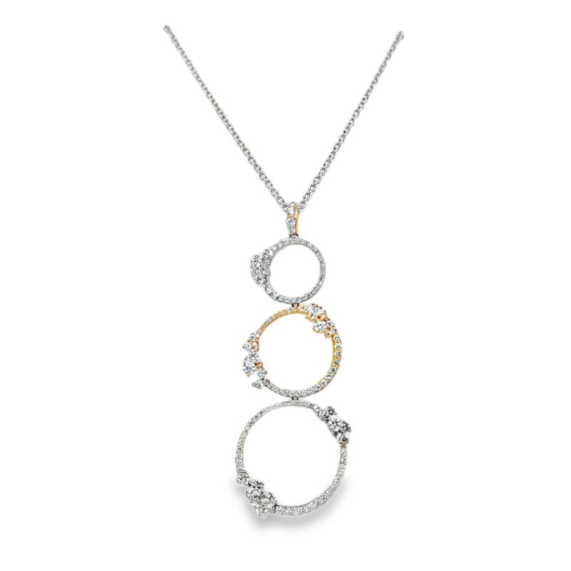 Two-Tone 3 Circle Diamond Pendant with Floral Design on a Gold Chain