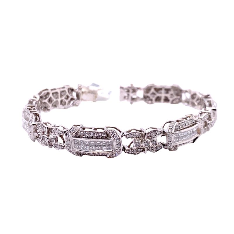 5.00ct Invisiple Set Princess and Round Pave Diamond Bracelet, 14kt White Gold