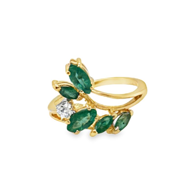 Vintage Marquise Emerald With Diamond Ring, 14kt Yellow