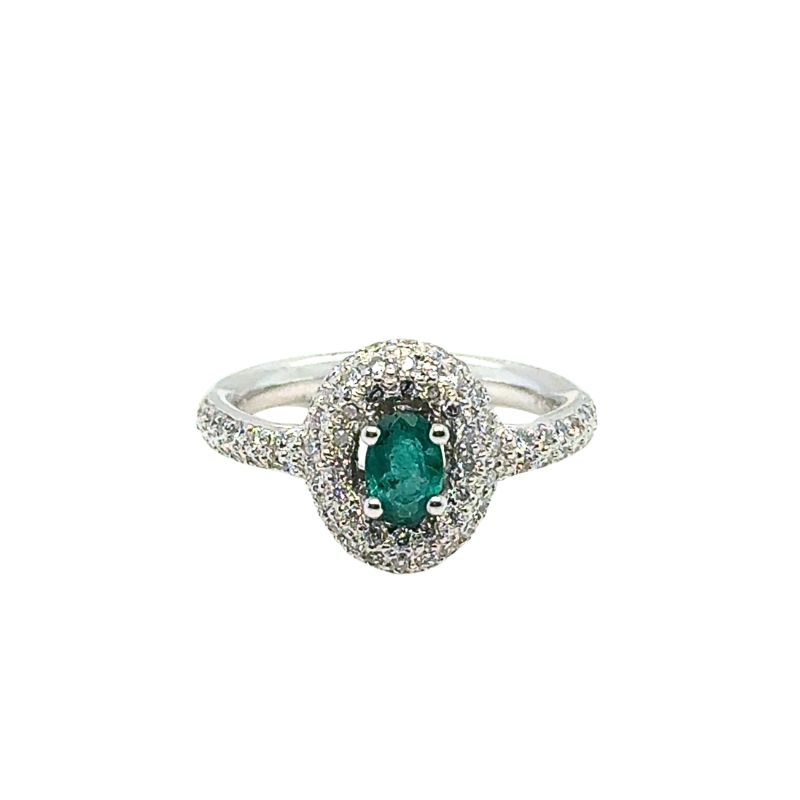 Oval Emerald with 3 Row Pave Halo and Shank Ring, 18kt White