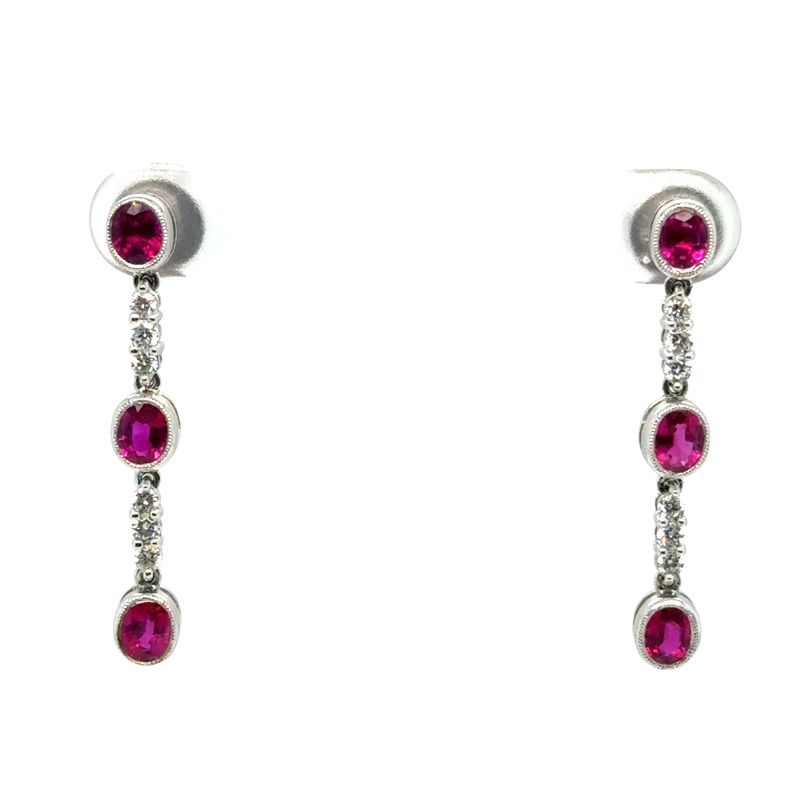 3 Oval Drop Ruby and Diamond Earrings, 18kt White