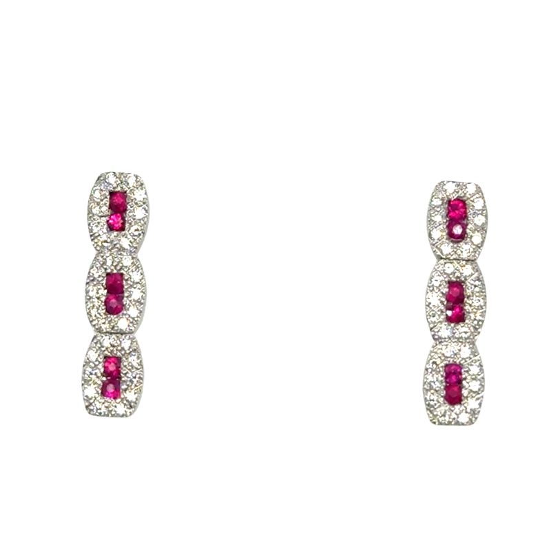 3 Section Ruby and Diamond Drop Earrings, 14kt White