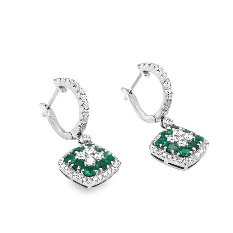 Serj and Sons Cushion Shape Emearld and Diamond Drop Earrings, 14kt