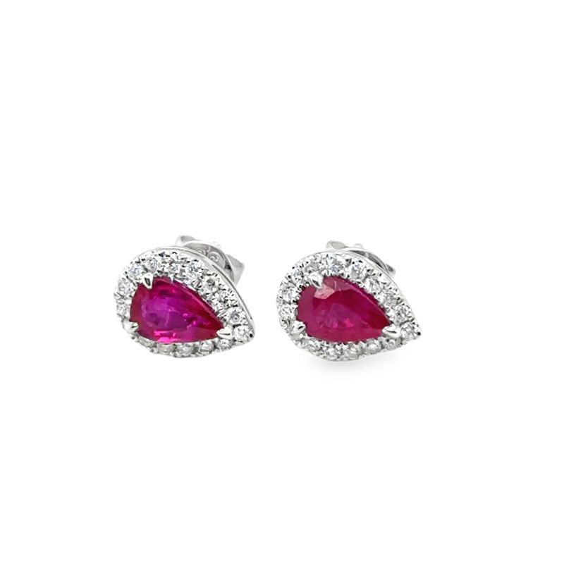 Pear Shape Ruby Earrings with Diamond Halo 14KT White Gold