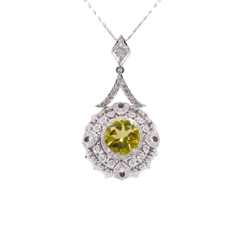 Vintage 10mm Lemon Topaz and Diamond Antique Style Pendant, 14kt