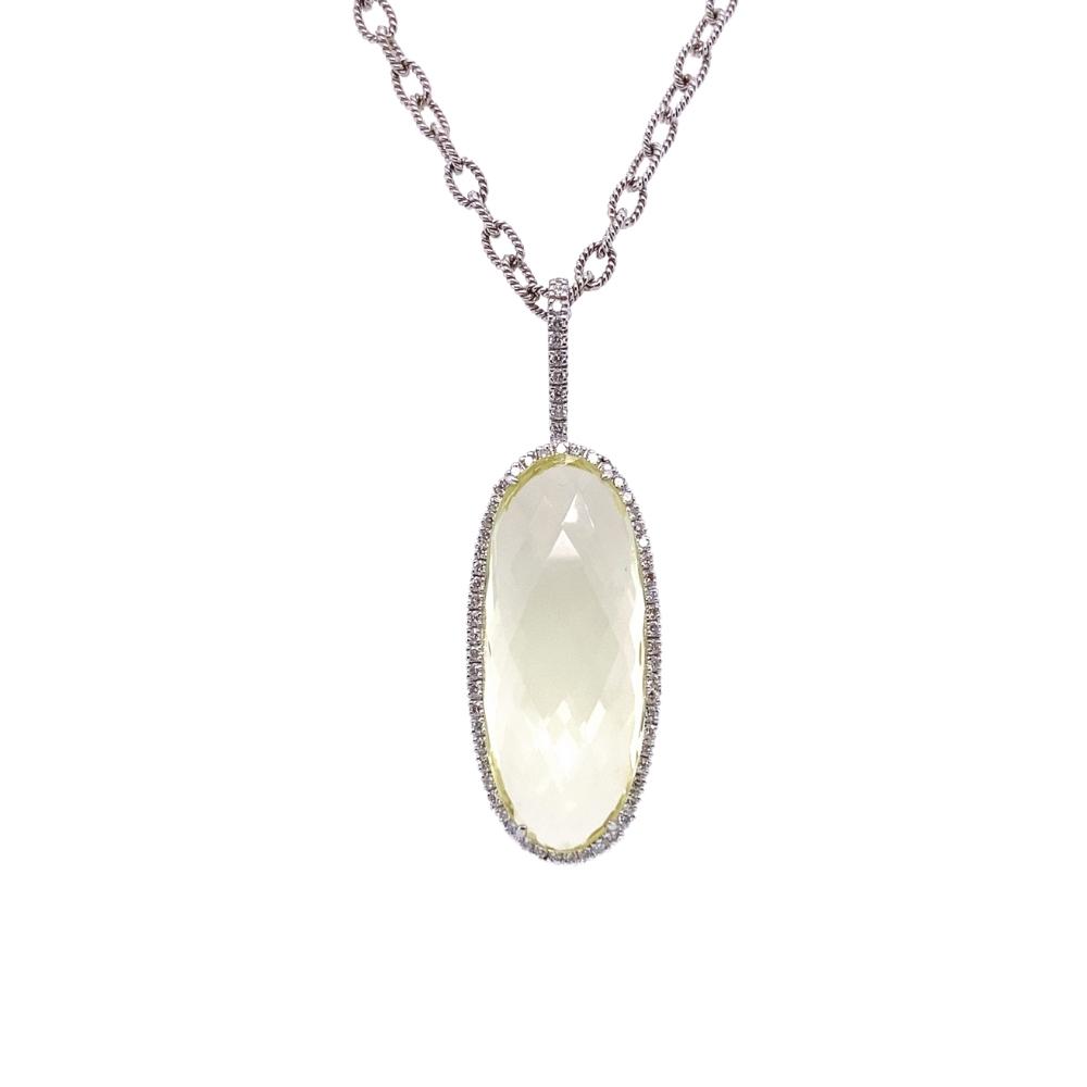 Large Lemon Citrine Checkerboard Oval Pendant with DIamond Halo, 14kt white gold