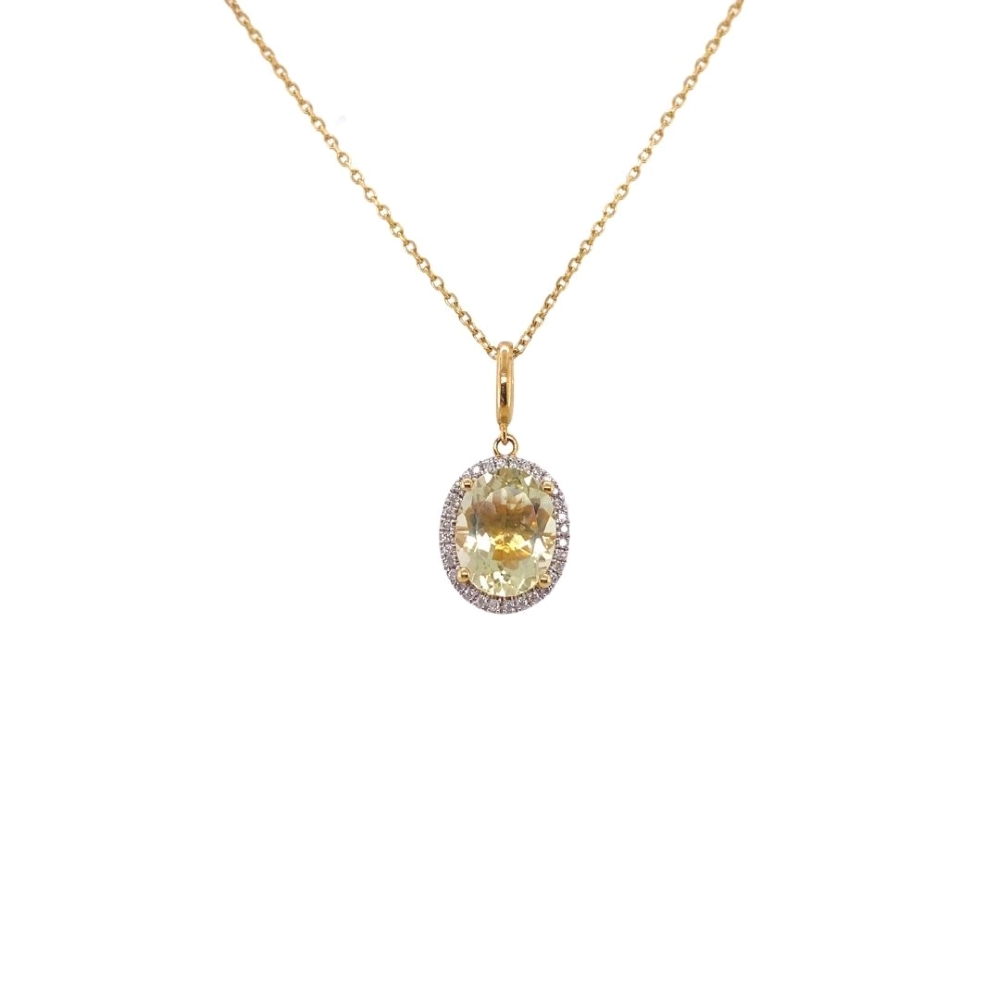 Lemon Quartz and Pave Diamond Halo Pendant in Yellow Gold