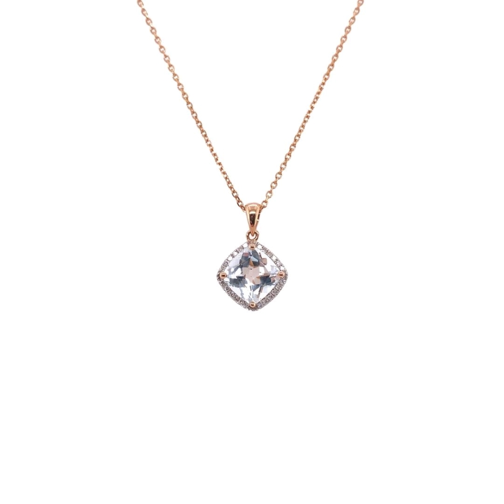 Cushion Shaped White Topaz Pendant with Diamond Halo in Rose Gold